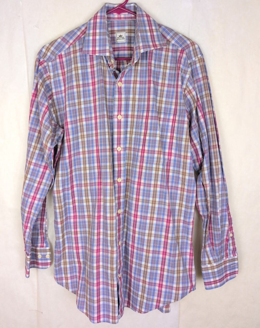 Peter Millar red blue and white plaid button up shirt Size Med Preppy Classic
